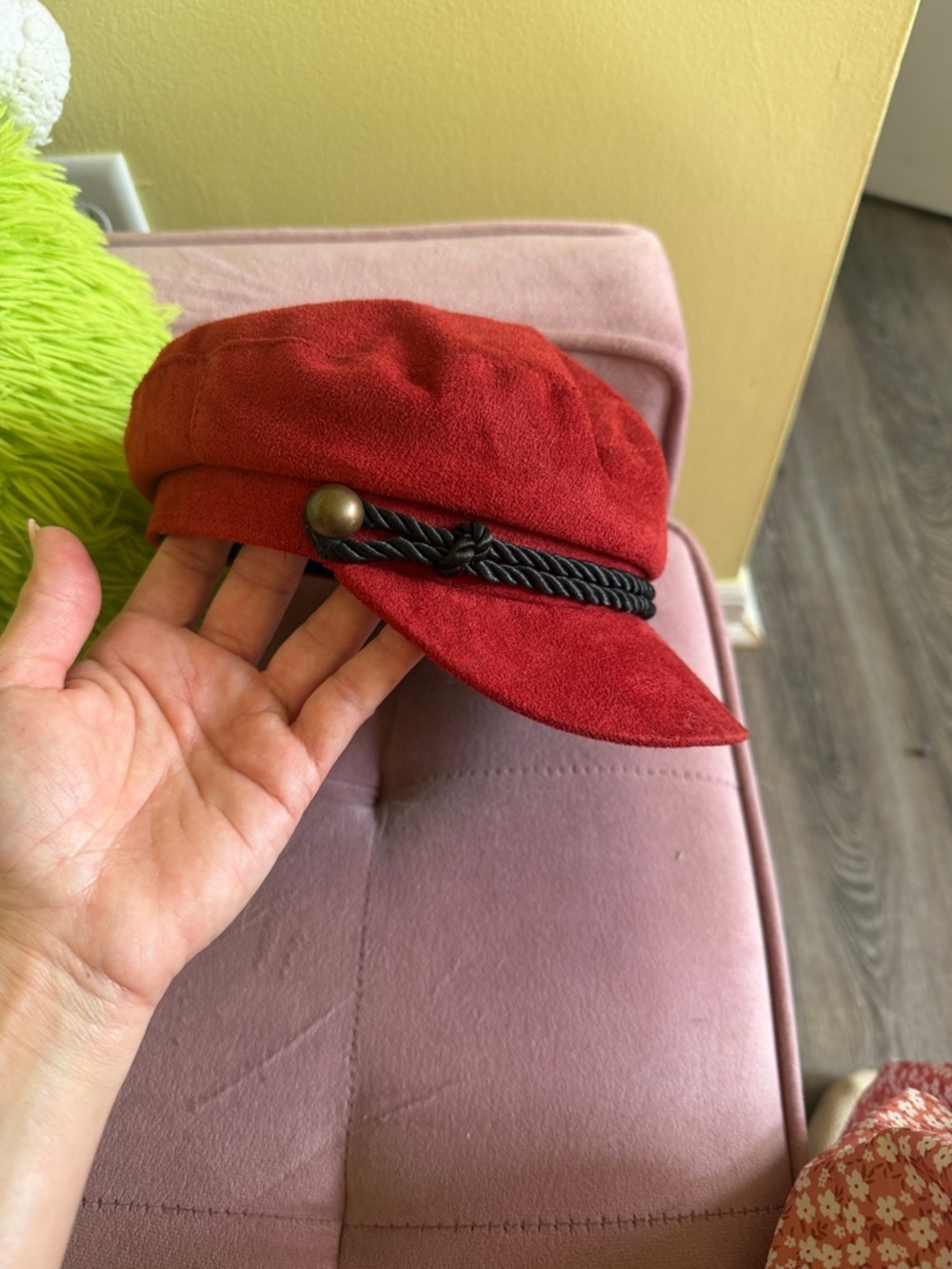 Red Suede Cadet Cap with Braided Trim